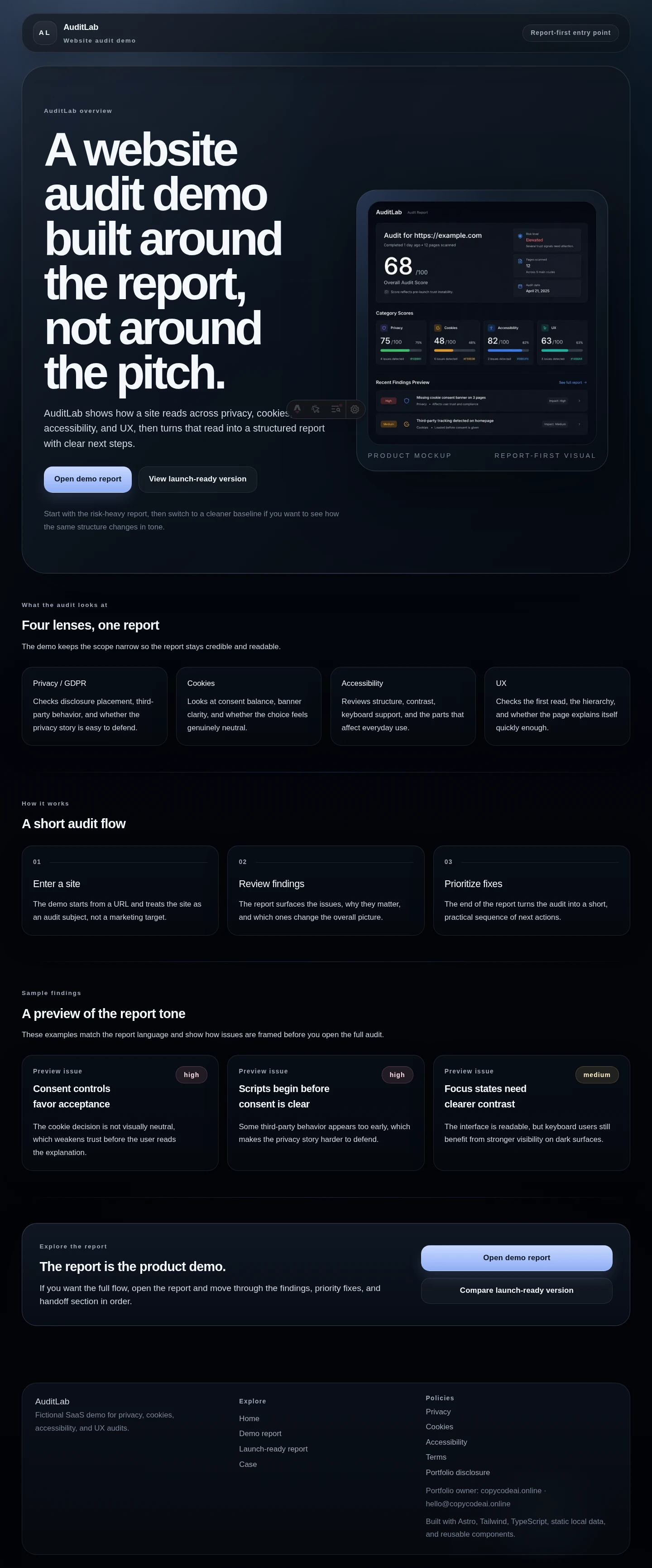 AuditLab desktop home screenshot showing the portfolio build and audit-focused presentation