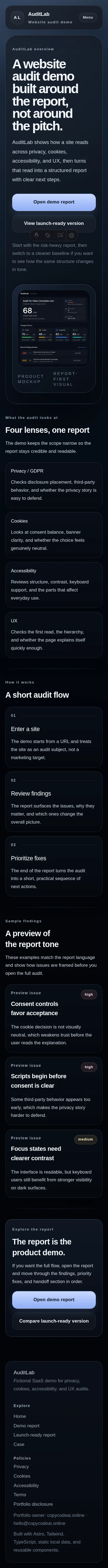 AuditLab mobile home screenshot showing the portfolio build and audit-focused presentation