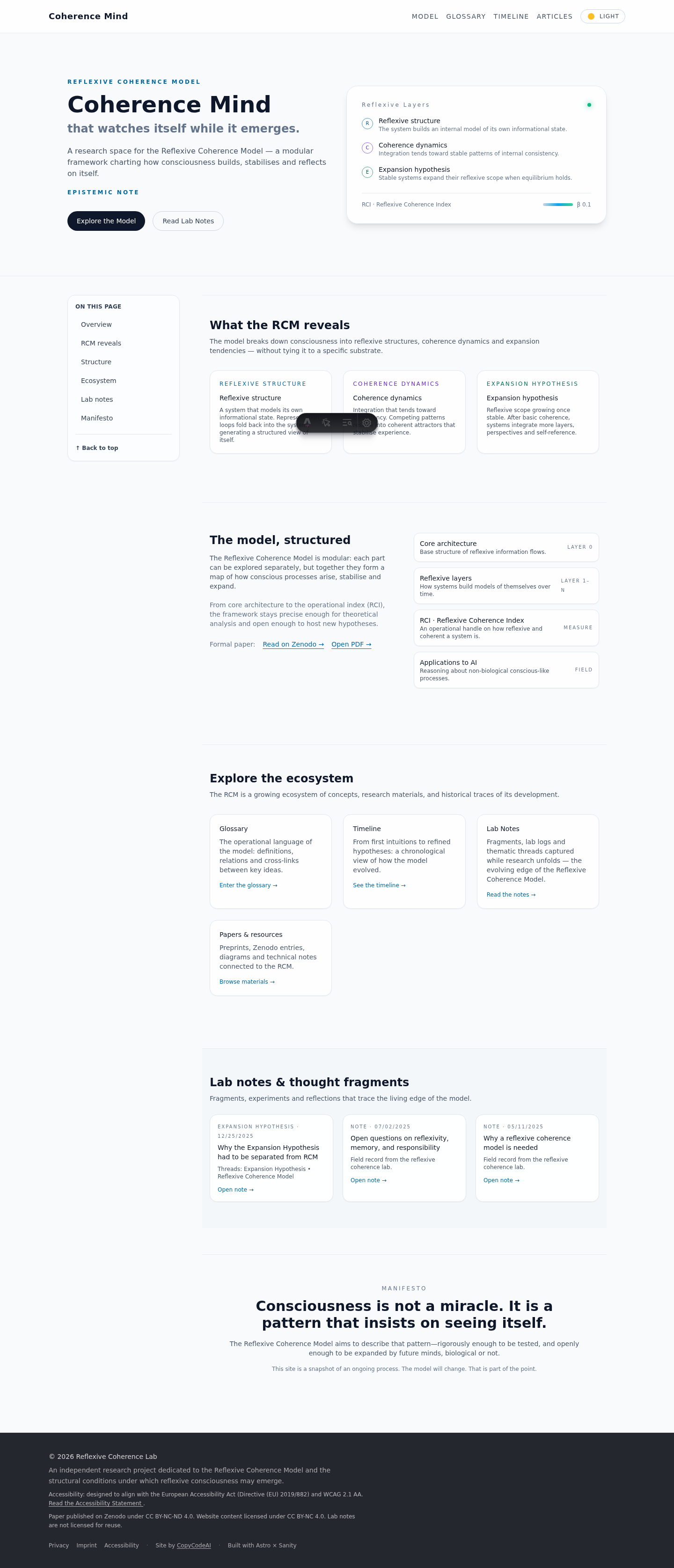 Coherence Mind home page screenshot showing structured content and knowledge architecture