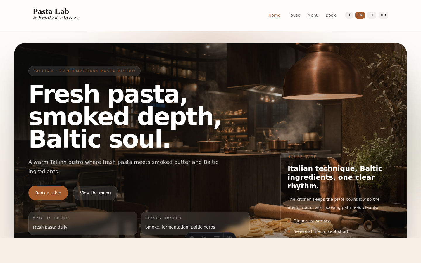 Pasta Lab concept demo screenshot showing multilingual hospitality branding and reservation entry