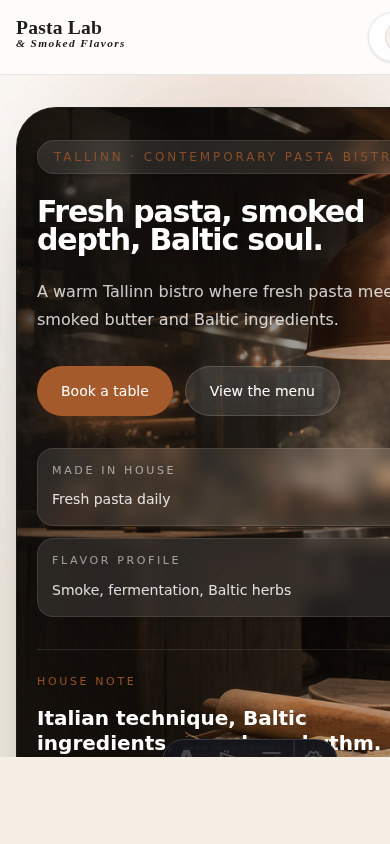 Pasta Lab mobile concept demo screenshot showing the booking and language entry flow
