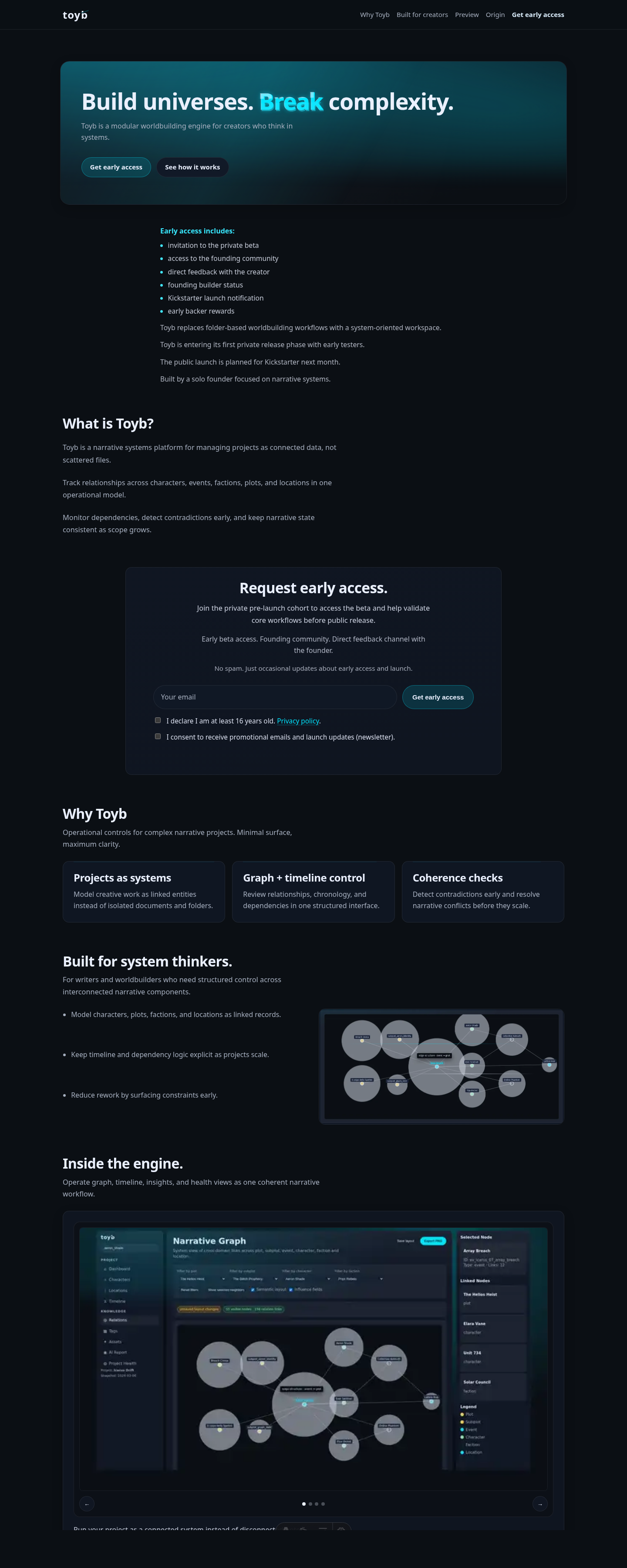 Toyb landing page screenshot showing product positioning and launch structure