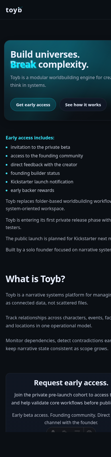Toyb mobile landing page screenshot showing the primary launch path